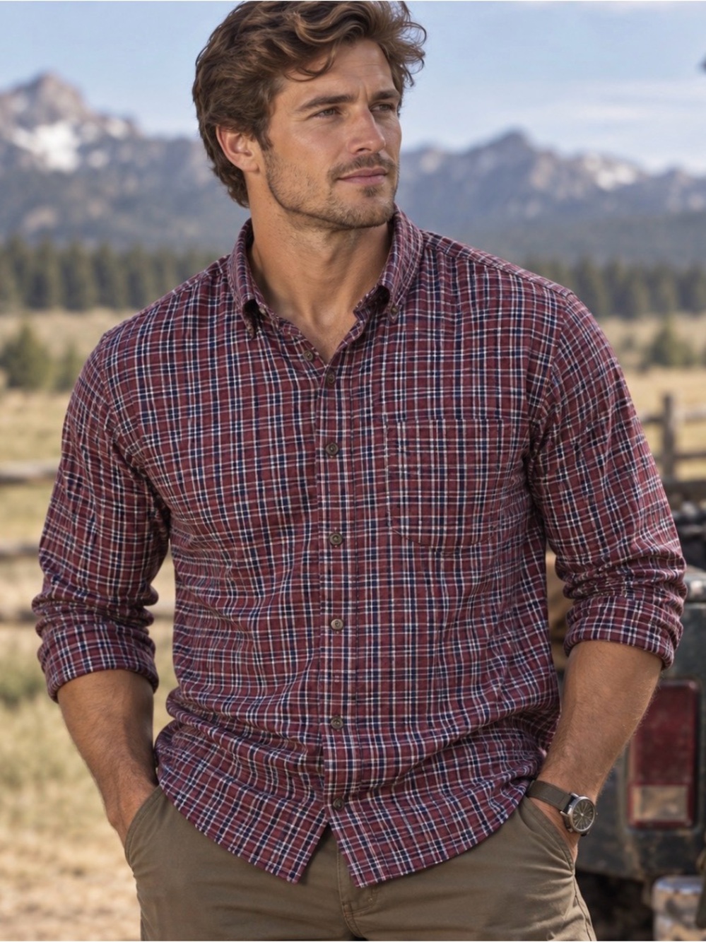 Eddie Bauer Men's Burgundy Plaid Button-Down Shirt XL
